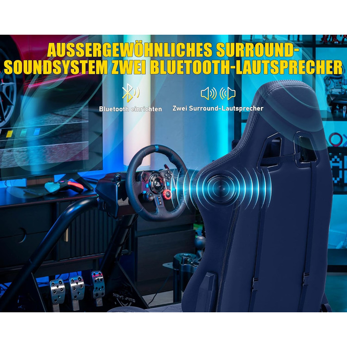 Підставка для керма для симулятора гонок з динаміками, кермом та лотком для педалей, чорний