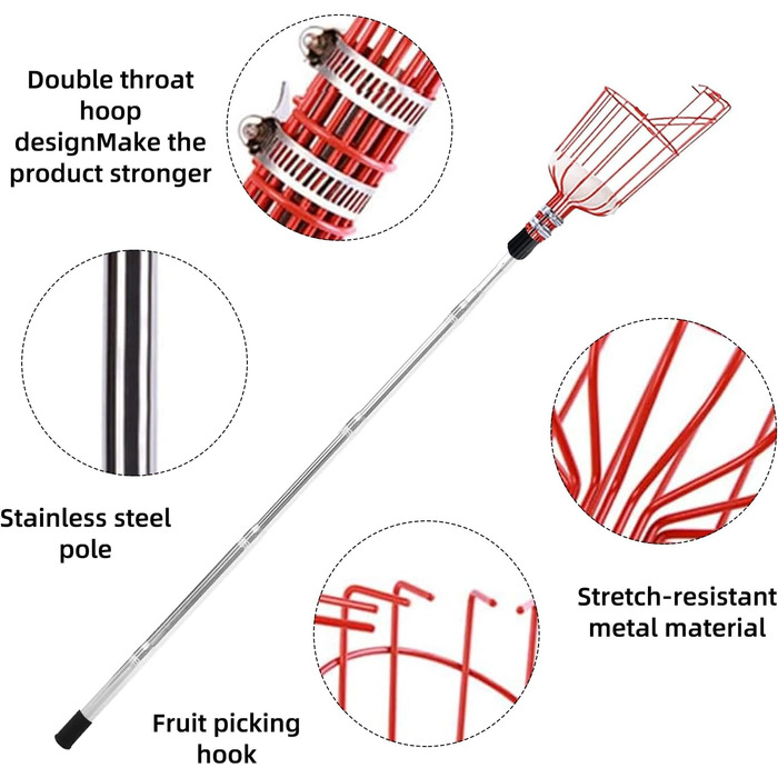 Палка для збирання фруктів, телескопічна палка для збирання фруктів, багатоцільова палка для збирання фруктів з нержавіючої сталі, довга палка для збирання фруктів для садів, палка для збирання яблук, палка для збирання вишні з бавовняним мішком (пластик,