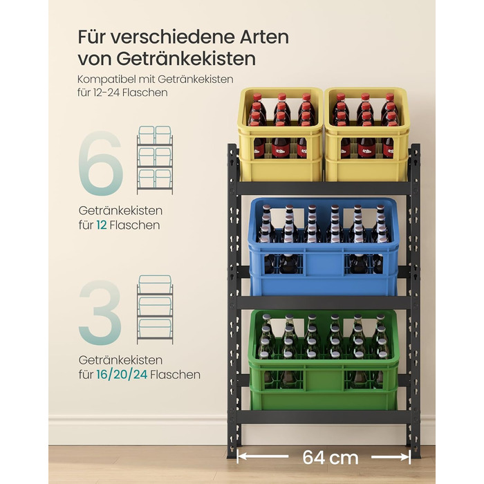 Стелаж для напоїв SONGMICS, для 3 напоїв, 3 рівні, вантажопідйомність кожного рівня до 30 кг, стійка для напоїв, стійка для пивних ящиків, сталь, підставка для ящиків, стійка для водних ящиків, чорний колір GYL001B01