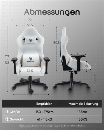 Ігрове крісло Dowinx з 4D підлокітниками та функцією гойдання 15, регульоване масажне ігрове крісло 165, ергономічне ігрове крісло, гоночний дизайн для геймерів та кіберспорту, вантажопідйомність 135 кг, білий колір