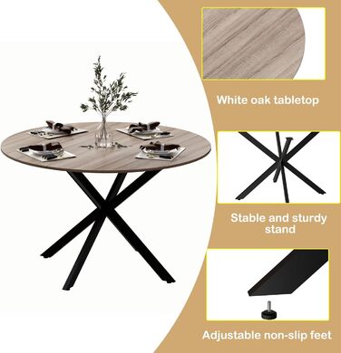 Круглий обідній стіл MSFE, круглий кухонний стіл 120 см, дерев&39яний кухонний стіл, ретро-індустріальний обідній стіл з чорними металевими ніжками та оздобленням з натурального горіха, лише 1 круглий стіл