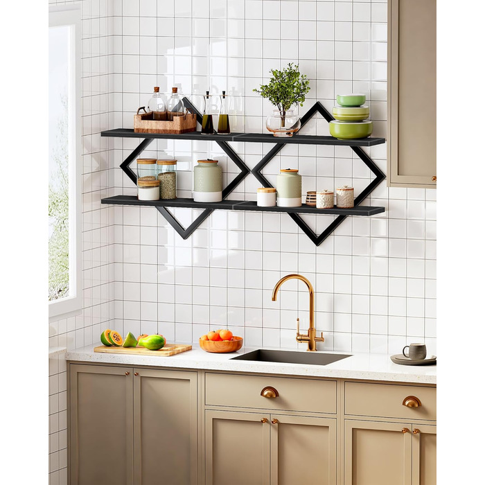 Настінна полиця, комплект з 2 шт., плаваюча полиця, 2-рівневі підвісні полиці, для вітальні, спальні, кухні, офісу, чорна DTBJ01P2BB 2 Чорний