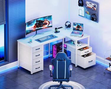 Письмовий стіл Coleshome з тканинними шухлядами, 140x80 см, двосторонній L-подібний стіл з шухлядою для документів, кутовий стіл з портом зарядки USB та розеткою, столи для домашнього офісу, білий 140x80 см