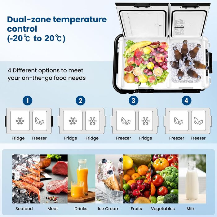 Компресор холодильної камери електричний, 40 л, двозонний, з керуванням через додаток USB, морозильна камера 12 В/24 В, міні-холод