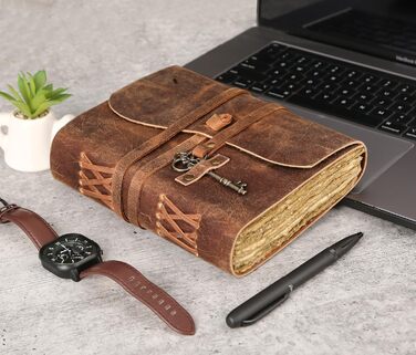 Шкіряний щоденник з лінованим папером з рваними краями 20,3 x 15,2 см та вінтажним блокнотом для ключів/ручної роботи/оброшурованим щоденником для чоловіків та жінок (8 x 6, коричневий) 8 x 6 коричневий