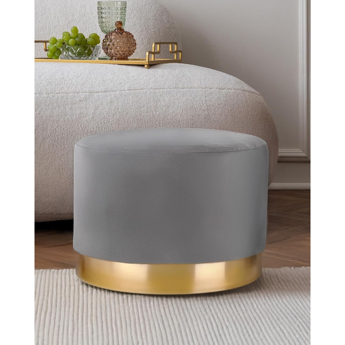 Оксамитовий пуф/туалетний стілець різних розмірів і кольорів із золотою обробкою для вітальні, спальні або гардеробної, великий круглий, колір сірий 300 сірий