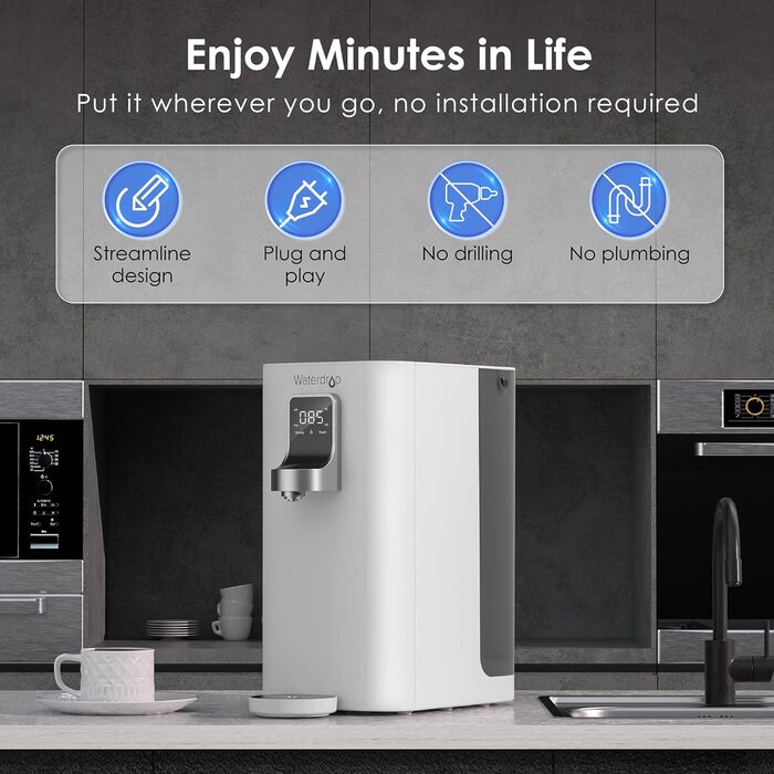 Диспенсер гарячої води з миттєвим нагріванням, настільна мобільна система зворотного осмосу без підключення до води, TDS Reduce, питна вода без вапняку, 4 рівні температури, 19-H