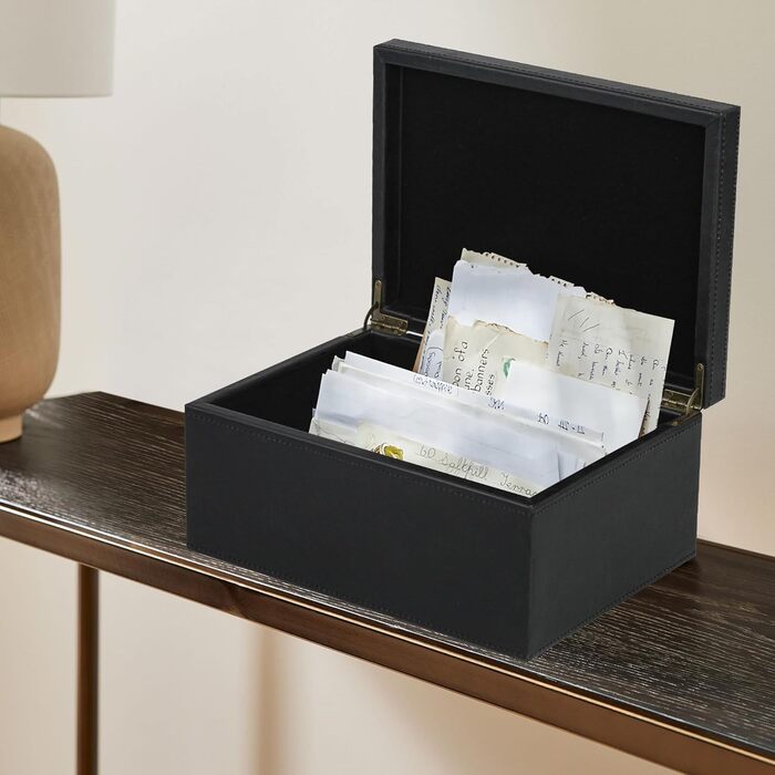 Декоративна скринька HofferRuffer зі штучної шкіри, велика дерев&39яна конструкція, скринька для сувенірів, органайзер для аксесуарів, органайзер для ювелірних виробів з відкидною кришкою, контейнер для зберігання для дому або офісу (чорний)