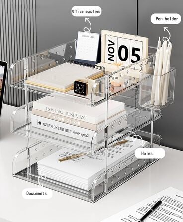 Рівневий органайзер для столу, штабелюваний акриловий лоток для документів, лоток для листів формату А4 та офісного приладдя (прозорий), 3-