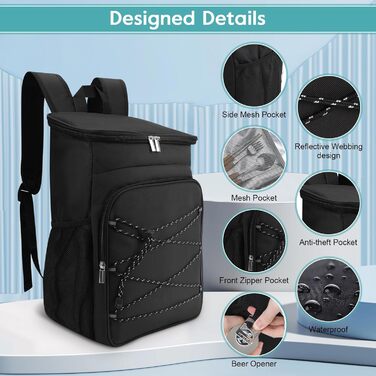 Рюкзак-холодильник, водонепроникний рюкзак-холодильник, велика ізольована сумка-холодильник для обіду для пікніків, кемпінгу, подорожей на природі, барбекю, походів, чорний