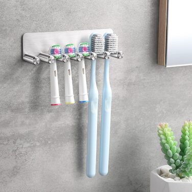 Тримач для електричної зубної щітки OETAMS без свердління, настінний тримач для зубної щітки на 6 насадок для електричних щіток, тримач для зубної щітки з нержавіючої сталі, самоклеючий тримач для головки зубної щітки, срібний