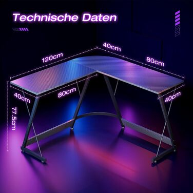 Ігровий стіл ODK, L-подібний ігровий стіл 120 x 120 см, стабільний та компактний кутовий стіл для домашнього офісу та ігор, чорний колір з вуглецевого волокна 120 x 120 см