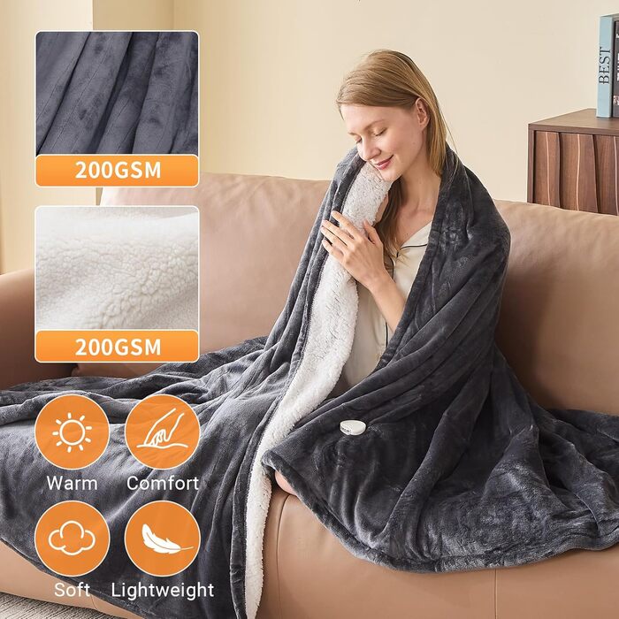Електрична ковдра з автоматичним вимкненням, 130x180 см, 10 режимів нагріву та 8-годинний таймер автоматичного вимкнення, захисний пояс від перегріву, фланелевий чохол, який можна прати в пральній машині, гаряча ковдра для спальні, вітальні, офісу, темно-