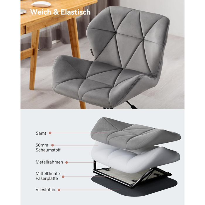 Офісне крісло HNNHOME Eris, сучасне, оббите оксамитом, обертове крісло, тканина, регульована висота, сірий оксамит