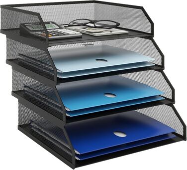 Лоток для документів PUNCIA A4, лоток для листів з 4 металевими відділеннями, органайзер для файлів, лоток для паперу, система для зберігання документів, тримач для документів для офісу, навчання, школи, чорний, 32 x 24,5 x 30 см