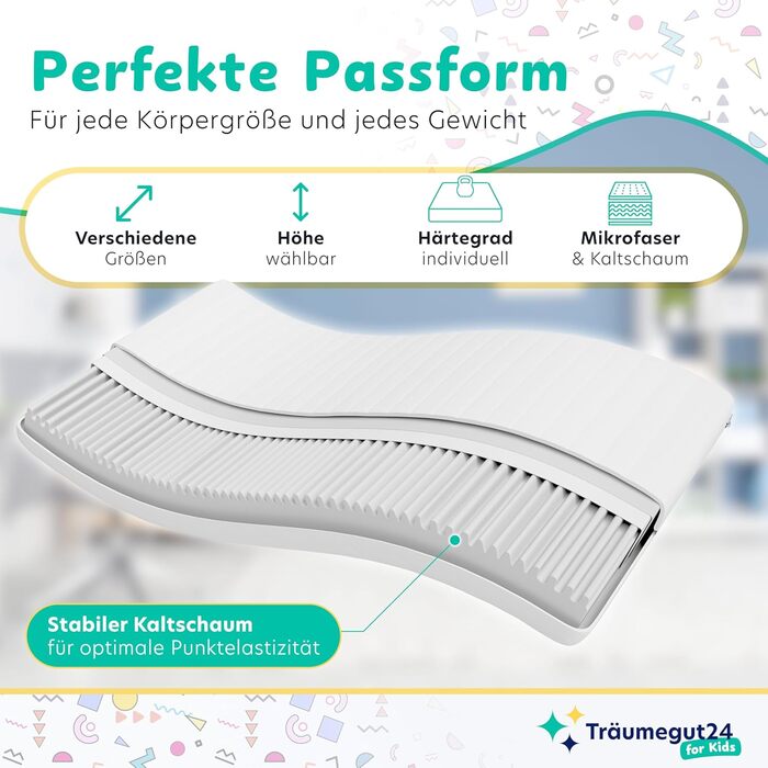 Матрац для дітей та підлітків - 90x200 см - H2 та H3 Розмір висота на вибір Матрац з холодної піни Чохол, приємний для шкіри, можна прати Сертифіковано Oeko-TEX (90 x 200 см, 10 см) 90 x 200 см 10 см, 24 -