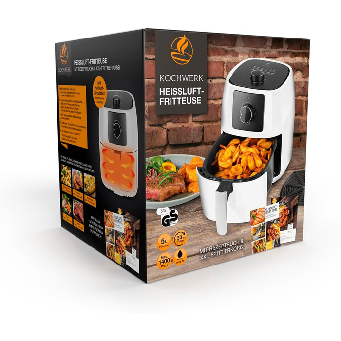 Фритюрниця KOCHWERK ємністю 5 л Смаження та точне приготування без жиру, також ідеально підходять для гриля, запікання та розігріву Можна мити в посудомийній машині та функція таймера 1400 Вт/білий