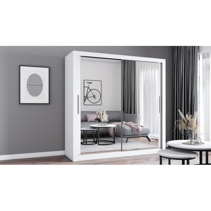 Шафа з дзеркалом - Шафа з розсувними дверима - Шафа для спальні - 64 x 203 x 215 см - Шафа для вітальні - Вішалка для одягу, Шафа з двома дверима, Сучасна 200 см Біла