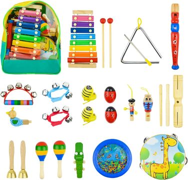 Набір дитячих музичних інструментів з 27 предметів, Kikuo Wooden Instruments Kids, дерев'яні ударні барабани, ритмічні іграшки, сприяє ранньому розвитку, в комплекті рюкзак