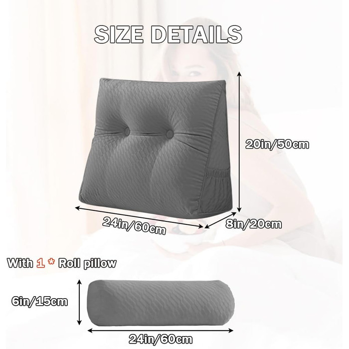 Трикутна клиноподібна подушка зі згортається подушкою, знімним чохлом, подушка для кушетки/двоярусного ліжка, подушка для підтримки положення спинки для відпочинку, читання та розслаблення (сіра, 60*20*50 см) сіра 60*20*50 см