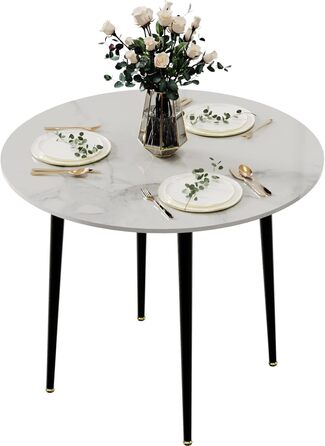 Круглий обідній стіл FATIVO, мармур, 80 см, невеликий кухонний стіл для 2 осіб, білий глянцевий, скандинавський стиль, обідній стіл для ресторанів, металеві ніжки
