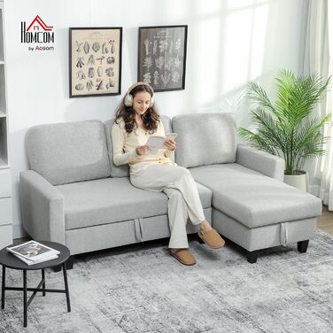 Двосторонній кутовий диван, 3-місний розкладний диван 197 см, Meridian, Коробка для зберігання, Подушки, що праються, Тканина під льон, Сучасний диван для вітальні, офісу, квартири, Світло-сірий