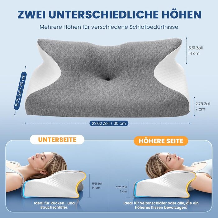 Ортопедична подушка A-Pce, ергономічна подушка з піни з ефектом пам&39яті, подушка для підтримки шиї для полегшення болю в шиї, плечах та спині, ідеально підходить для сну на боці, спині та животі, сіро-біла