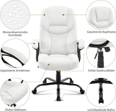 Офісне крісло Yaheetech, крісло керівника, ергономічне поворотне крісло з високою спинкою, комп&39ютерне крісло, зручне робоче крісло з регульованою висотою, офісне крісло зі штучної шкіри, піна високої щільності, функція гойдання, біле, біле, штучна шкір