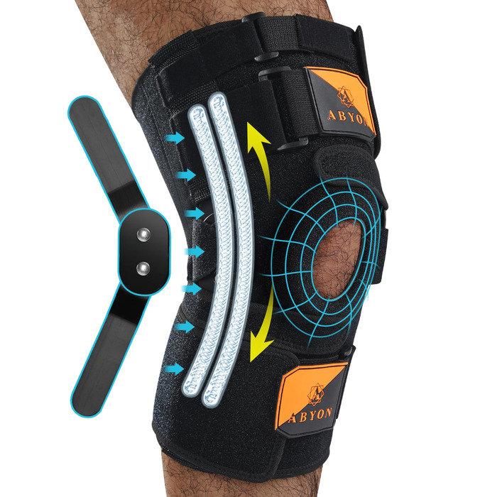 Колінний бандаж ABYON, регульований колінний бандаж для чоловіків та жінок, шарнірні пружини, подвійні посилені бічні стабілізатори, підтримка при артриті, розриви меніска (M) середній чорний