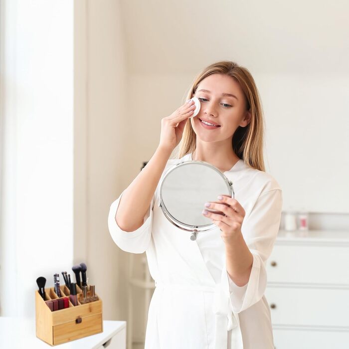 Органайзер для косметики Relaxdays, Органайзер для макіяжу з шухлядою, Тримач для пензлів, Бамбук, ВxШxГ 19 x 25,5 x 12,5 см, Натуральний