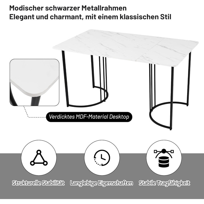Обідній стіл Merax 140x80 см, прямокутний обідній стіл з мармуровим візерунком, для 4-6 осіб, металевий каркас, регульовані ніжки столу, підходить для ресторану, вітальні, кухні, холу, білий/чорний 03/білийчорний 140 x 80 см