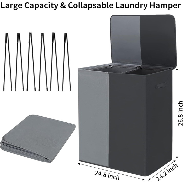 Подвійний кошик для білизни WOWLIVE 154 л з кришкою, великий кошик для прання та знімні мішки для білизни, великий складаний кошик для прання з 2 перегородками та ручками для спальні/шафи для пральні (сірийчорний) 154 л сірийчорний