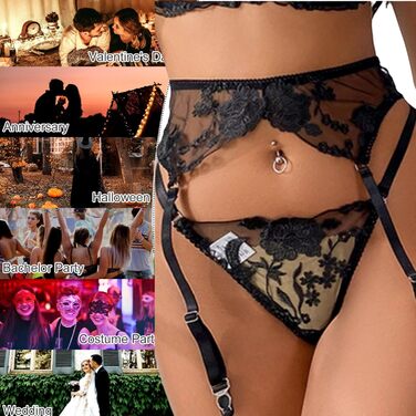 Жіночий сексуальний мереживний комплект панчіх та пояса для панчіх, комплект білизни з прозорої сітки з 4 металевими затискачами, регульовані колготки в сітку, пояс для панчіх стрінги панчохи з 3 предметів, розмір M, чорний