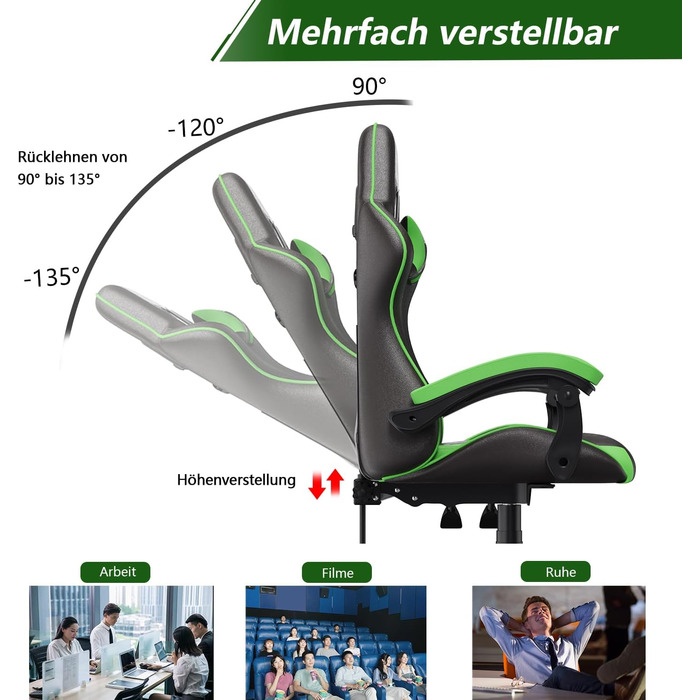 Ергономічне ігрове крісло, ігрове крісло з підголівником та поперековою опорою, регулювання висоти та нахилу від 90 до 135, комп&39ютерне крісло для підлітків, хлопчиків та дівчаток (чорне/зелене) Базова модель чорного/зеленого кольору