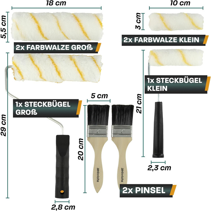 Набір для малювання Hinrichs 12 предметів - Набір малярних валиків з лотком для фарби, ручкою скребка, брезентом для кришки, малярською стрічкою, пензлем, фарбою для стін валиком, вставним кронштейном - Аксесуари для фарбування - Набір малярських валиків