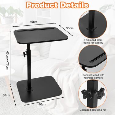 С-подібний бічний столик, поворотний на 360 та регульований по висоті диванний столик, журнальний столик, бічний столик, диванний столик, тумбочка для вітальні, спальні, ванної кімнати, ліжка (чорний)