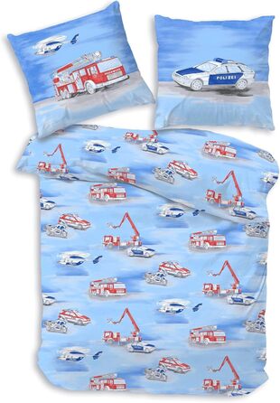 Дитяча постільна білизна Дитяча постільна білизна Пожежні та поліцейські машини - Наволочка 80x80 Підковдра 135x200 см - 100 бавовна (Renforc) Двостороння постільна білизна для хлопчиків та дівчаток