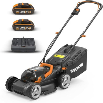 Акумуляторна газонокосарка WORX WG779E 40В (2 x 20В) - ширина зрізу 34 см - ідеально підходить для садів площею до 280 м - технологія IntelliCut - зручне зберігання - в комплекті акумуляторні батареї 2х2,5Ач та подвійний швидкий зарядний пристрій Один