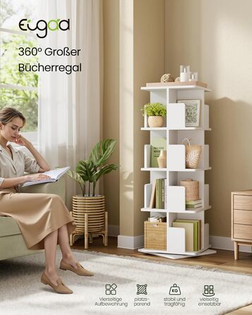Обертова книжкова полиця EUGAD, кімнатна перегородка, полиця на місці, обертова полиця, офісна полиця, декоративна полиця, вільно обертається на 360 з 4 полицями для спальні, офісу, МДФ, білий, 39,5 x 128 x 39,5 см, 4 полиці (39,5 Ш x 128 В x 39,5 Г см), 