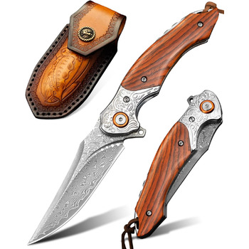 Кишеньковий ніж LOTHAR TUNA, дамаський складаний ніж з 67 шарів дамаської сталі VG10, дамаський кишеньковий ніж з гострим лезом і