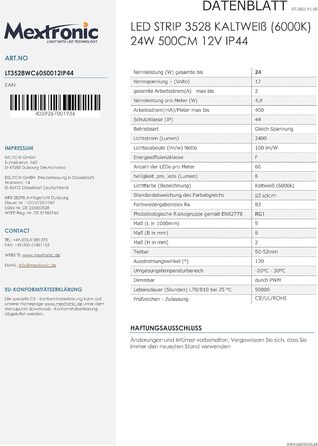 Світлодіодна стрічка Mextronic LED 3528 Холодне біле світло (6000K) 24W, 500 см, 12V, IP44