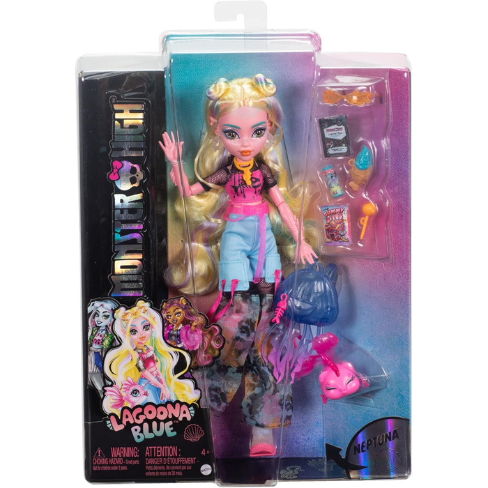 Лялька Monster High Lagoona Blue у сітчастій футболці та штанях-карго з рибкою Нептуною та аксесуарами, такими як рюкзак, перекус та блокнот, HXH75 Lagoona Blue з Нептуною
