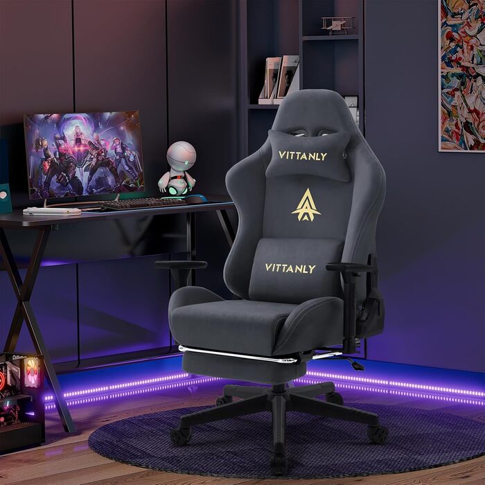 Ігрове крісло Vittanly, розкішне ігрове крісло зі штучної замші, офісне крісло, ергономічне робоче крісло з підставкою для ніг, підголівником та поперековою подушкою, 3D-підлокітники, спинка 90-155, сірий колір