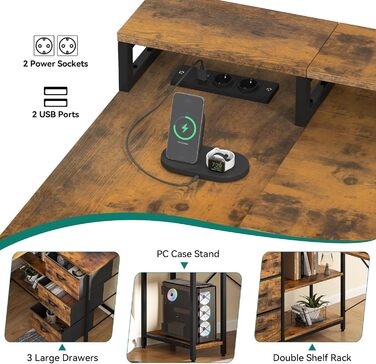Подібний письмовий стіл із USB-портом для зарядки та розеткою, двосторонній кутовий стіл із 4 шухлядами та полицею, ігровий стіл із підставкою для монітора, 140x100 см, комп&39ютерний стіл для офісу, коричневий