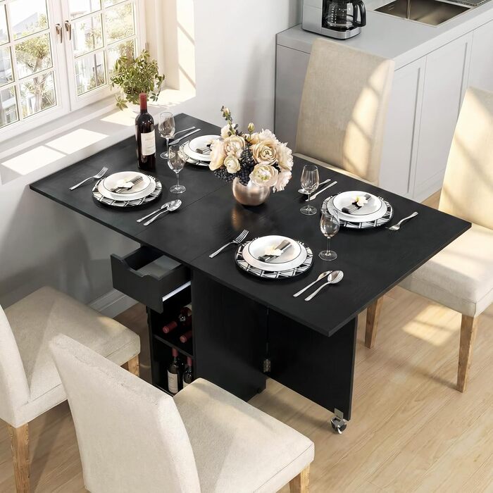 Розкладний обідній стіл COSTWAY, кухонний стіл на колесах, шухляда та 2 полиці, розкладний стіл для 2-4 осіб, обідній стіл для невеликих приміщень, їдальня, кухня, 120 x 72 x 75 см (чорний) чорні колеса з поліуретану