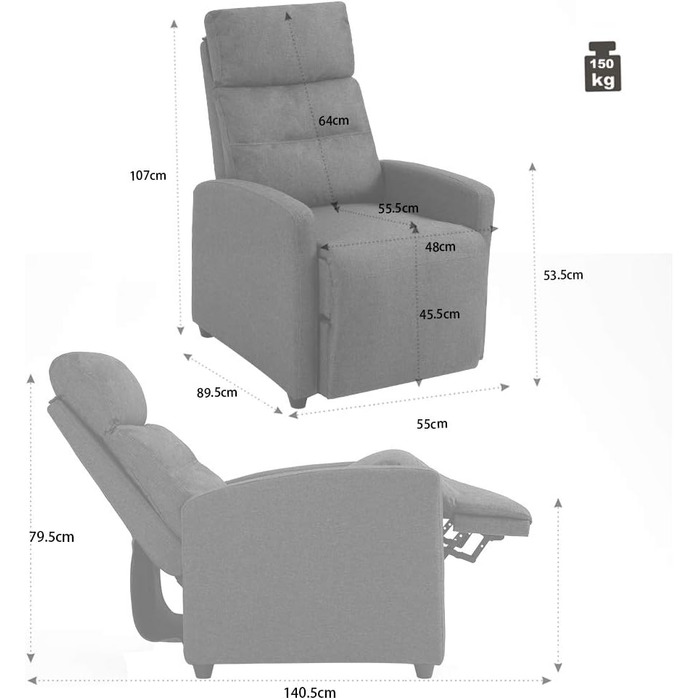 Крісло-реклайнер Mingone з функцією відкидання, сучасне тонке крісло-гойдалку з функцією відкидання на 155, витримує вагу до 150 кг, виготовлене з лляної тканини, темно-сірий колір