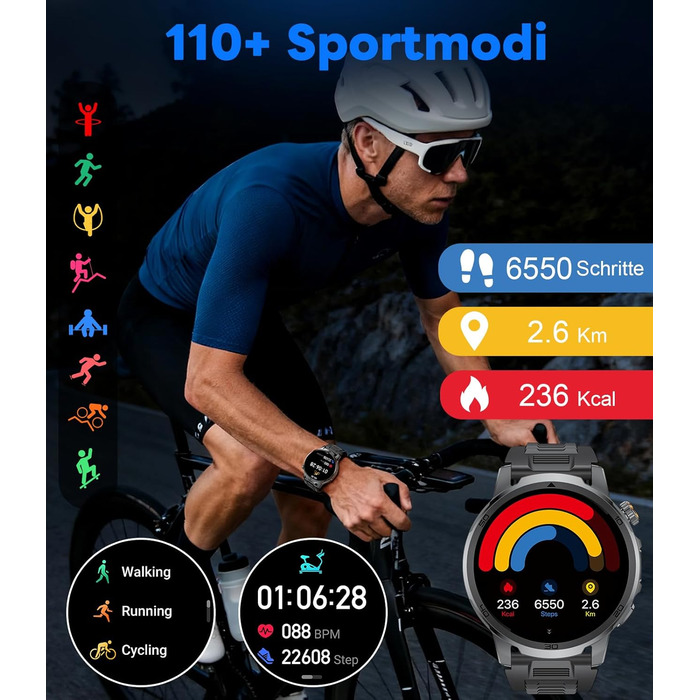 Розумний годинник FEELNEVER Military для чоловіків з акумулятором 1000 мАг/великим сенсорним екраном HD 1,85 дюйма/світлодіодним підсвічуванням, фітнес-годинник з 2 ремінцями/110 спортивних режимів, відстеження серцевого ритму/сну, водонепроникний IP68, г