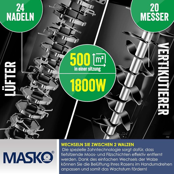 В-1 Аератор-Вертикуттер 1800 Вт, ширина захвату 40 см, мішок для збору 55 л, з валом-аератором, видаляє мох, 20 сталевих ножів, 5 рівнів регулювання глибини, регульована по висоті ручка, помаранчевий, 2-