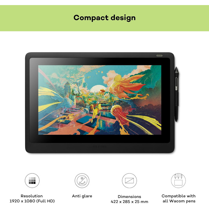 Планшет Wacom Cintiq 16 Creative Pen Display Tablet (для ескізів, ілюстрацій та малювання безпосередньо на екрані, з дисплеєм Full HD (1,920 x 1,080), підходить для Windows і Mac), чорний 16-дюймовий одинарний