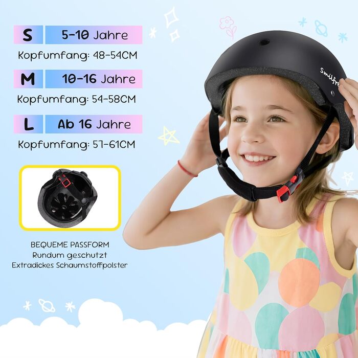 Дитячий велосипедний шолом Smilfree, шолом для хлопчиків-скейтерів легкий велосипедний шолом для дітей та дівчаток від 5 років - шолом для скейтерів, дитячий шолом для велосипеда, скейтборда, самоката, BMX, для дітей та дорослих, чорний, M